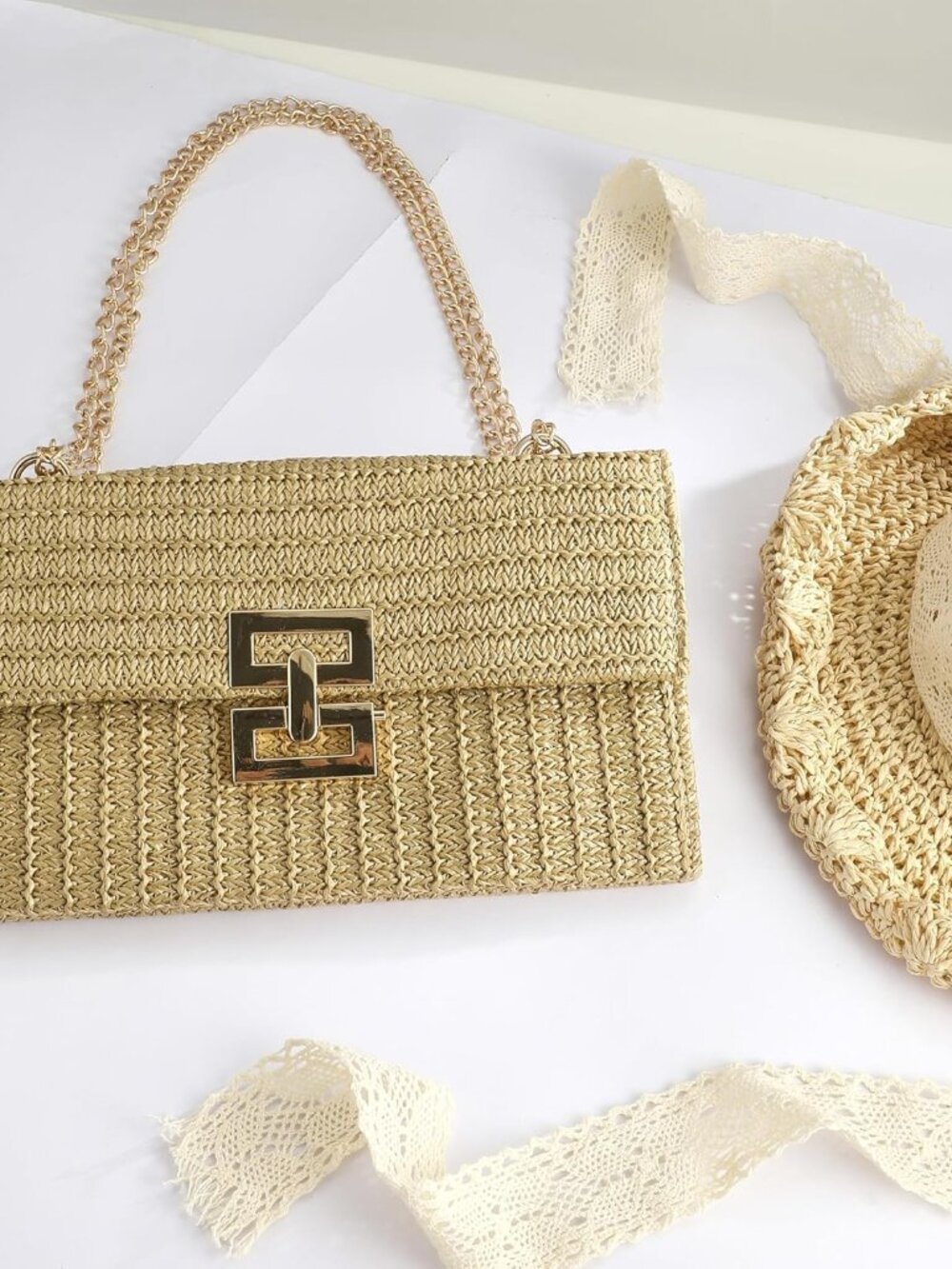 Straw Chain Clutch Purses for Women Woven Envelope Handbag for Wedding Party Coc - Picture 5 of 7